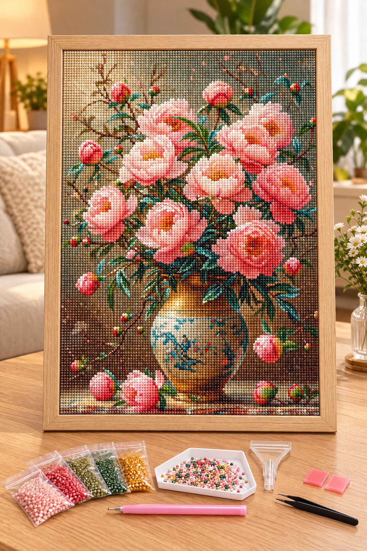 Elmas Boyama Puzzle Kit, Porselen Vazoda Şakayıklar 30x40 cm Mozaik