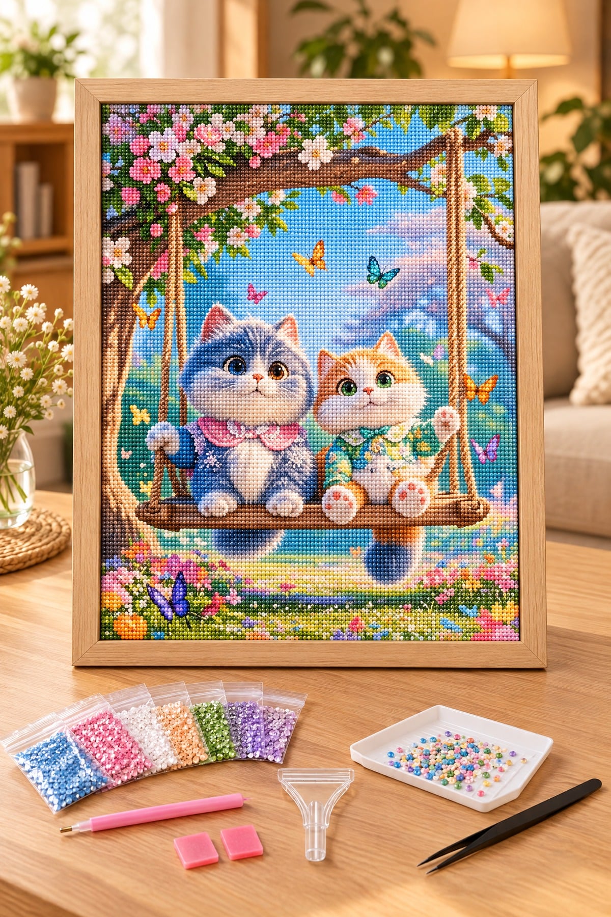 Elmas Boyama Puzzle Kit, Salıncakta İki Sevimli Kedi 21x25 cm Mozaik