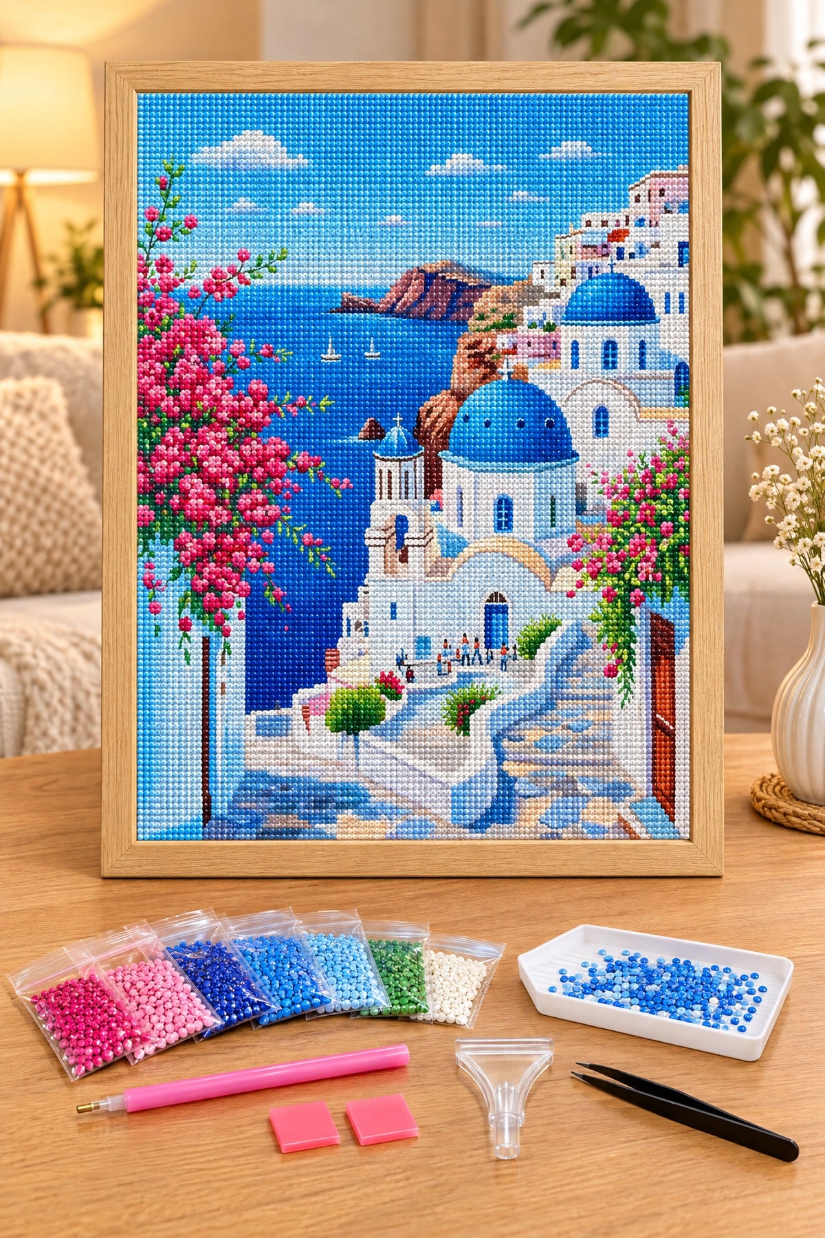 Elmas Boyama Puzzle Kit, Santorini Mavi Kubbeli Kiliseler 40x50 cm Mozaik