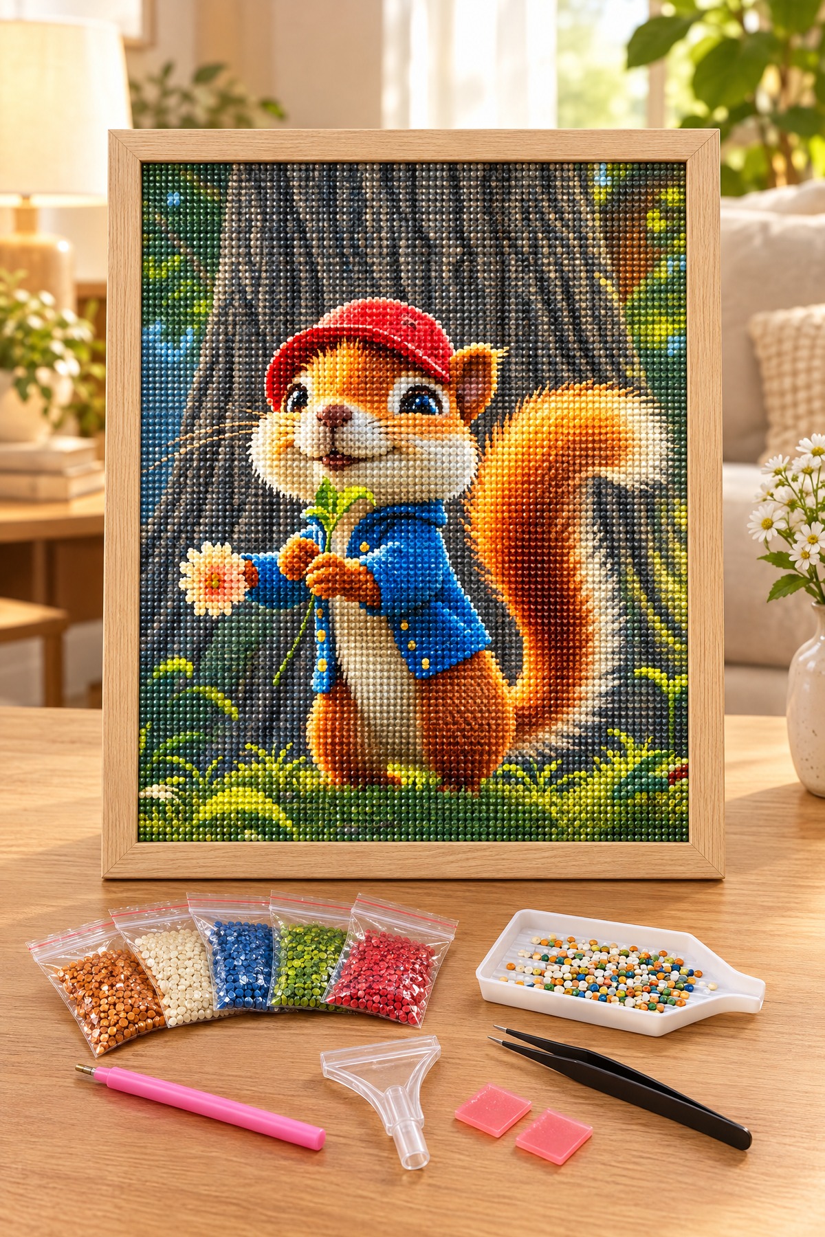 Elmas Boyama Puzzle Kit, Şapkalı Sincap 21x25 cm Mozaik