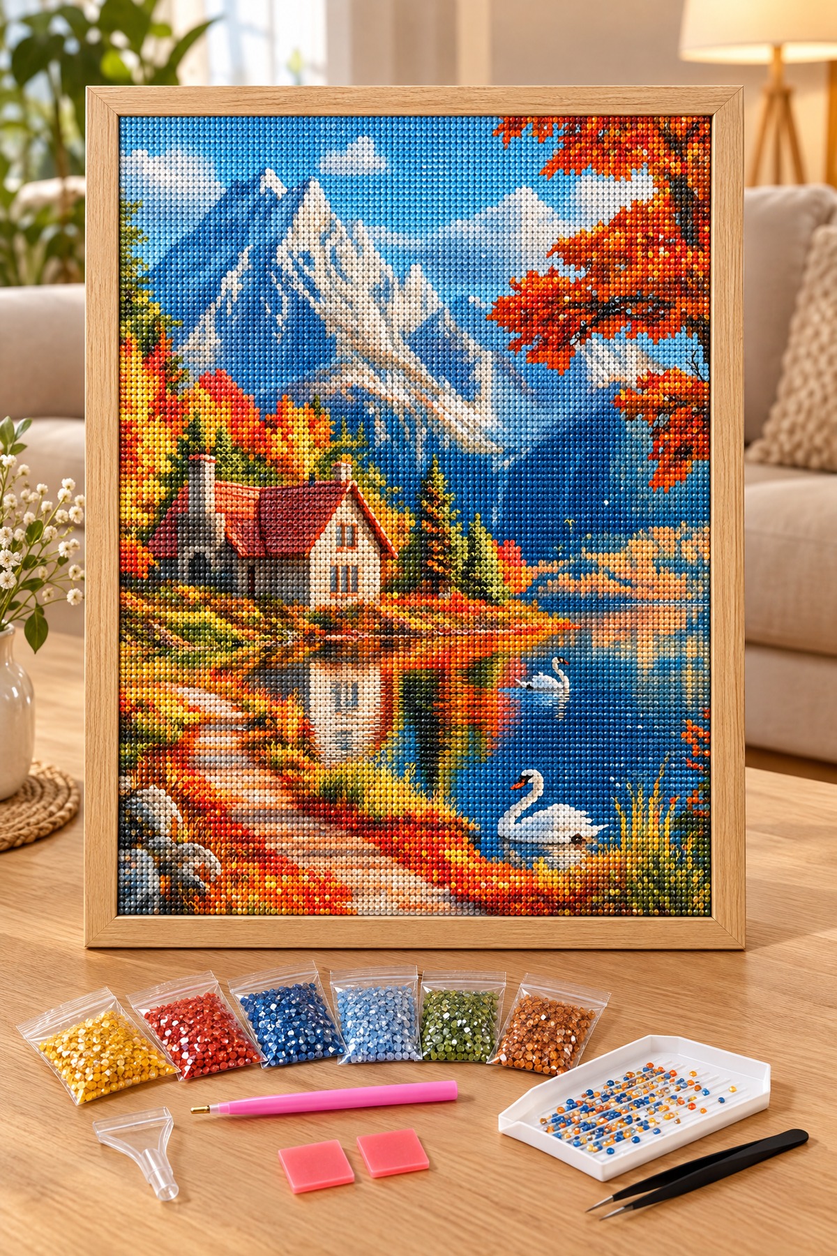 Elmas Boyama Puzzle Kit, Sonbaharda Dağ Gölü ve Kuğular 40x50 cm Mozaik