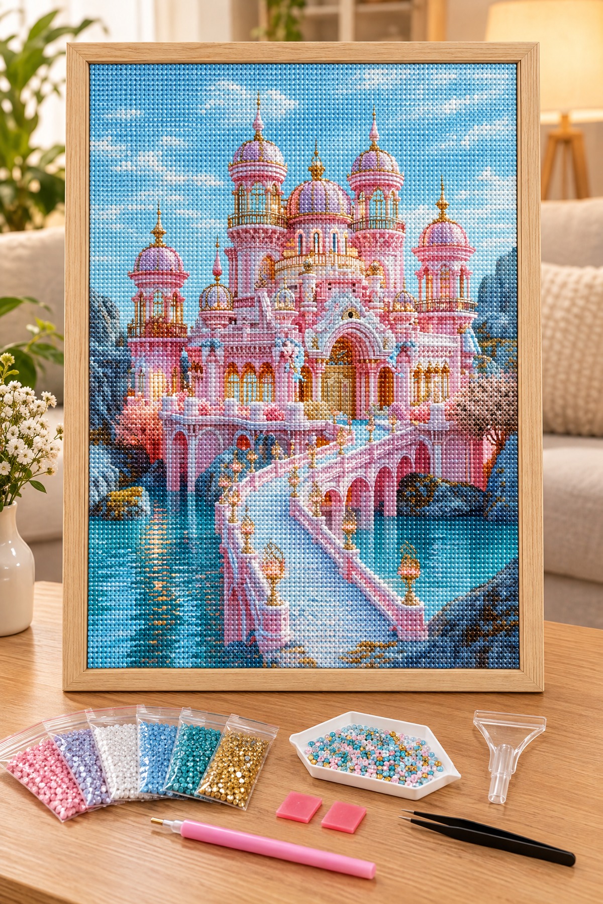 Elmas Boyama Puzzle Kit, Su Üzerinde Pembe Saray 30x40 cm Mozaik