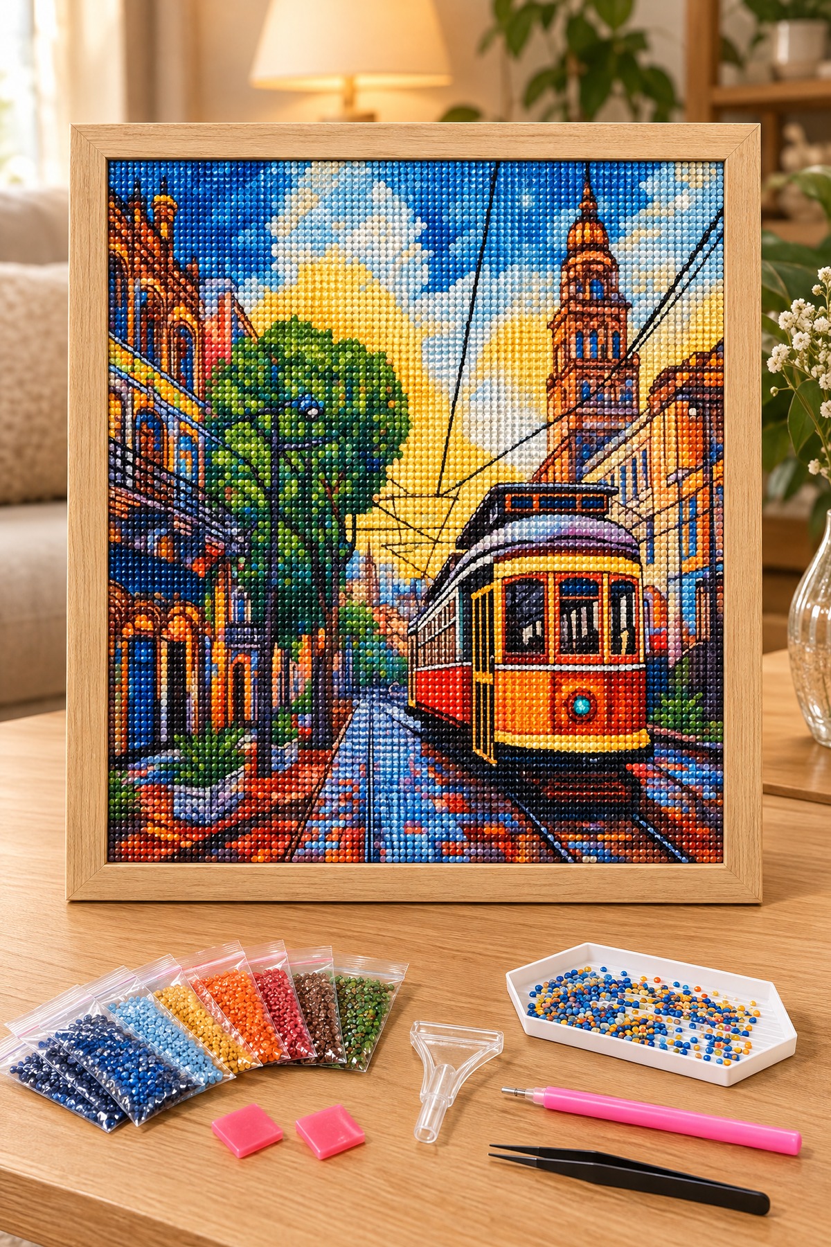 Elmas Boyama Puzzle Kit, Tarihi Sokakta Sarı Tramvay 30x30 cm Mozaik