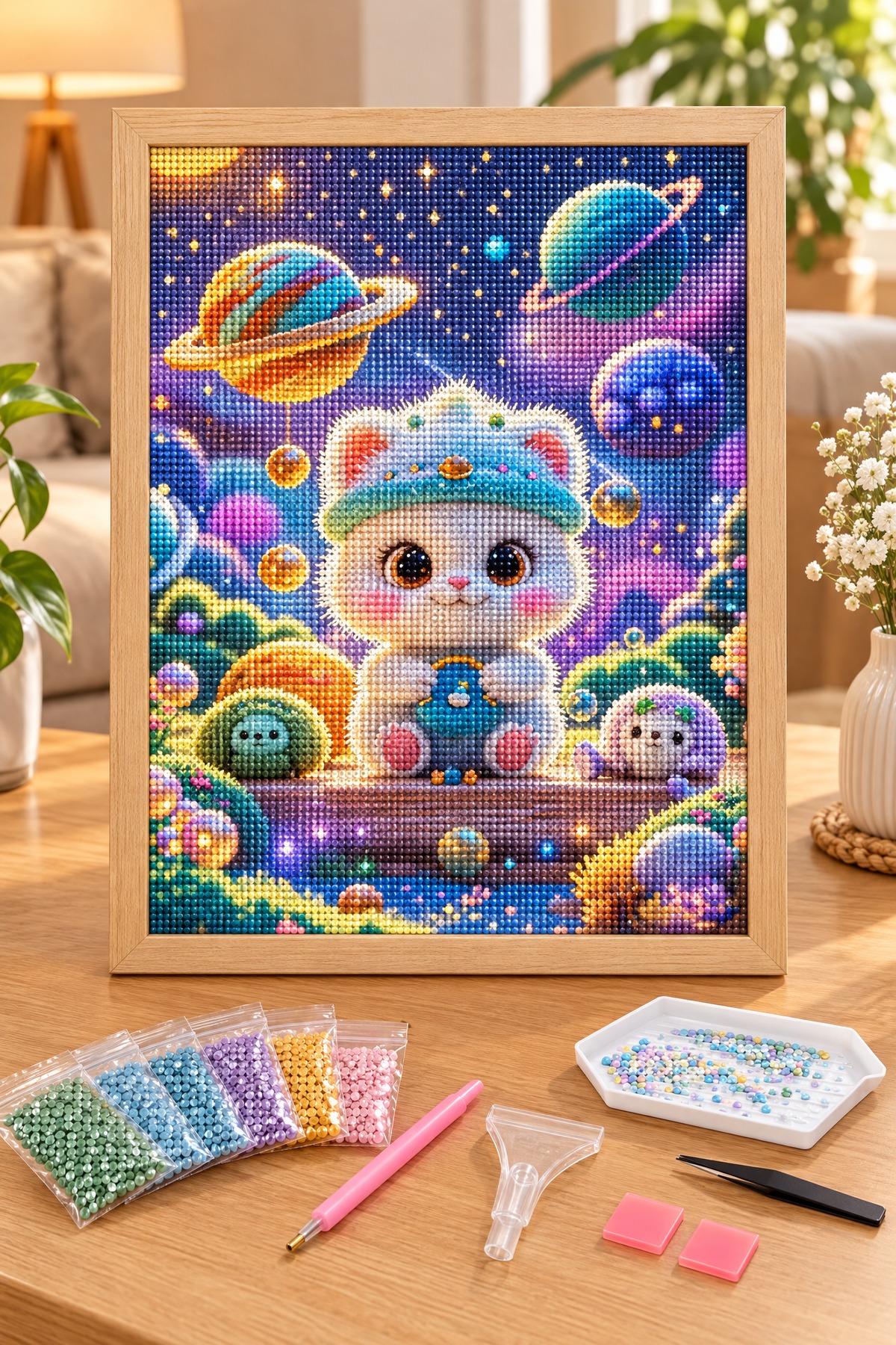 Elmas Boyama Puzzle Kit, Uzayda Sevimli Kedi 21x25 cm Mozaik
