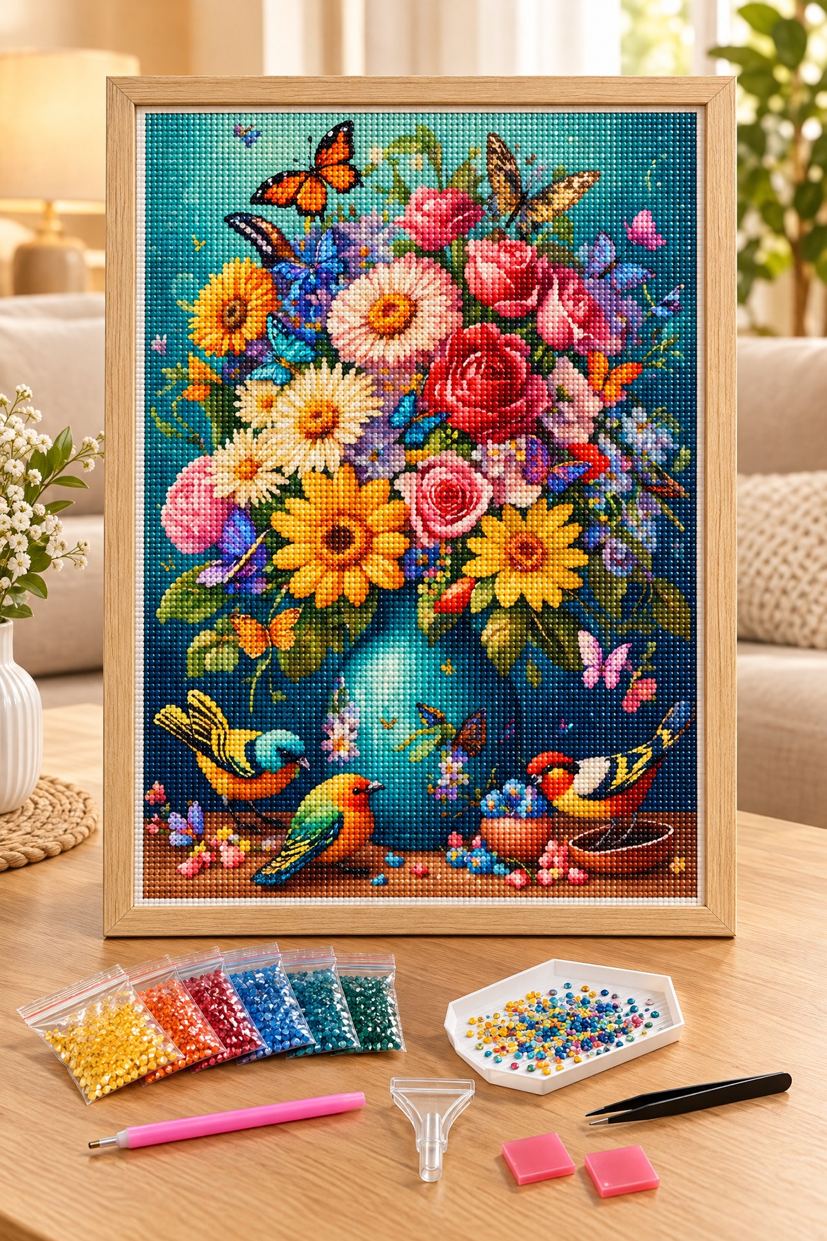 Elmas Boyama Puzzle Kit, Vazoda Çiçekler ve Kuşlar 30x40 cm Mozaik