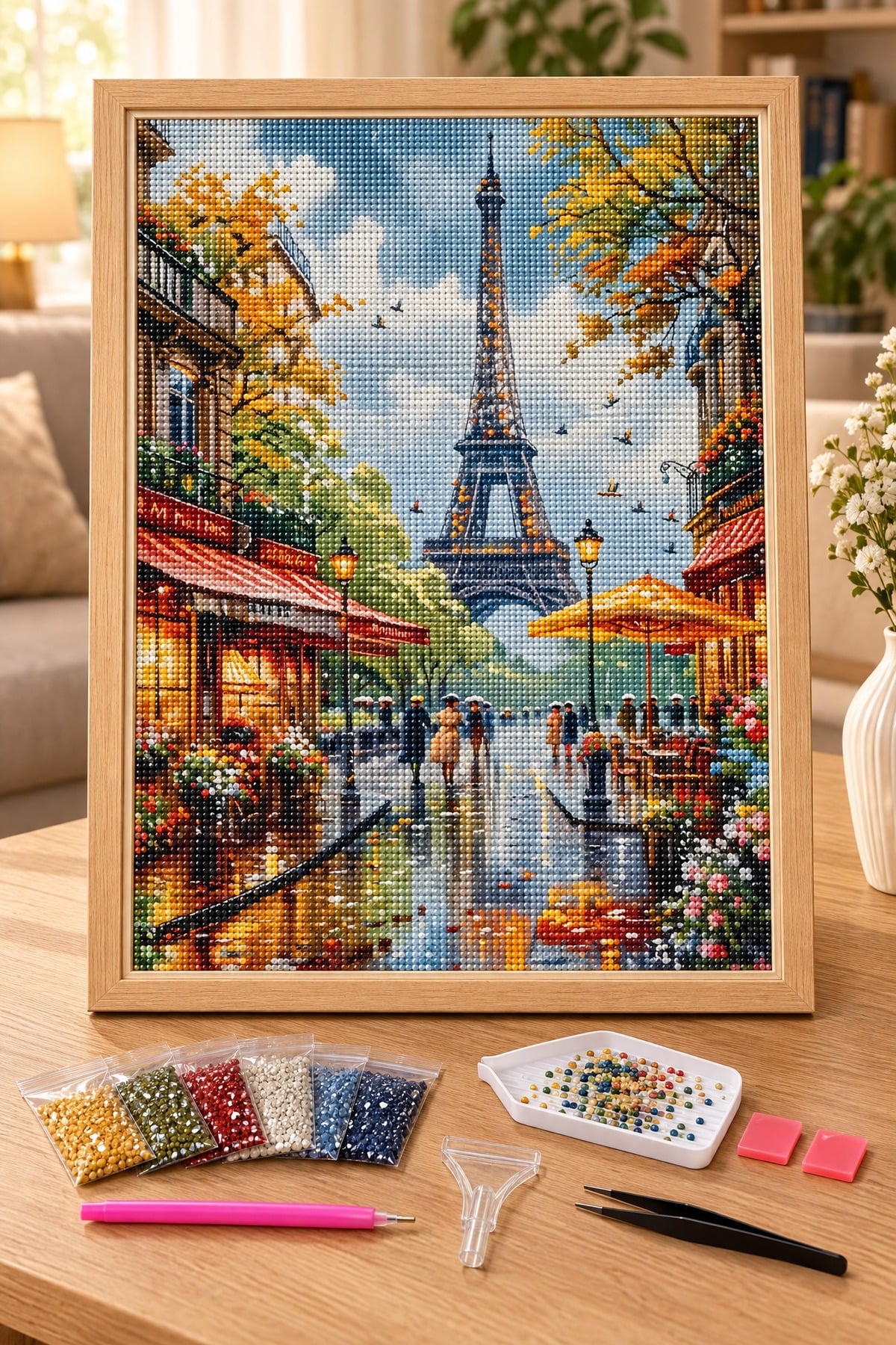 Elmas Boyama Puzzle Kit, Yağmurlu Paris Sokağı ve Eyfel 40x50 cm Mozaik