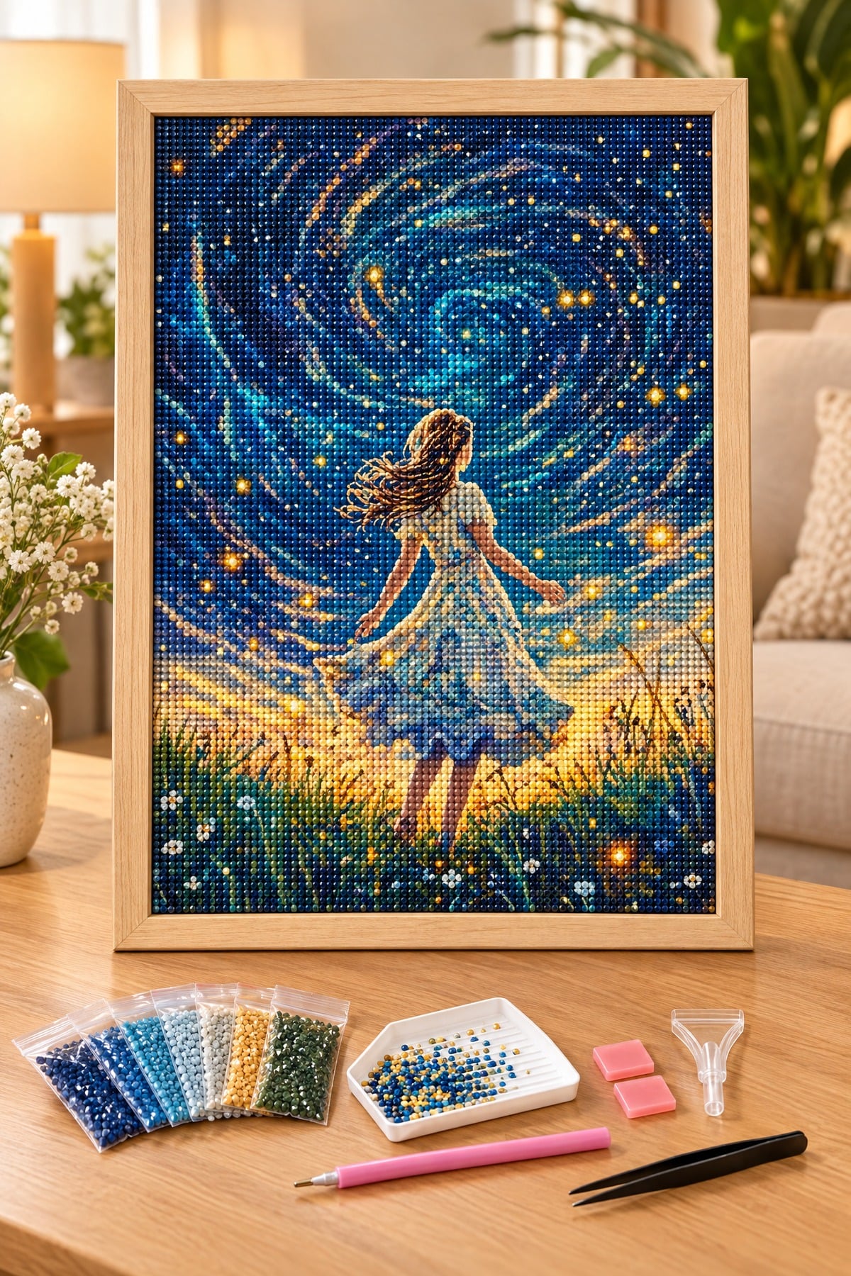 Elmas Boyama Puzzle Kit, Yıldızlı Gecede Dans Eden Kız 40x50 cm Mozaik