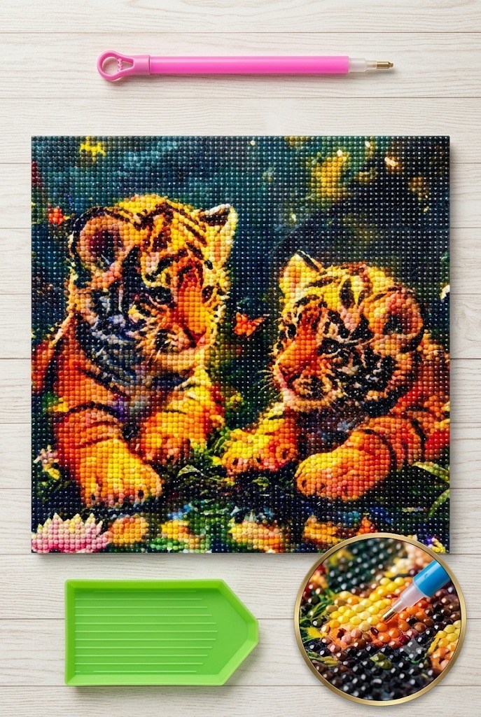 Elmas Mozaik Tablo, 30x30cm İki Yavru Kaplan Boncuk Yapıştırma Kiti  