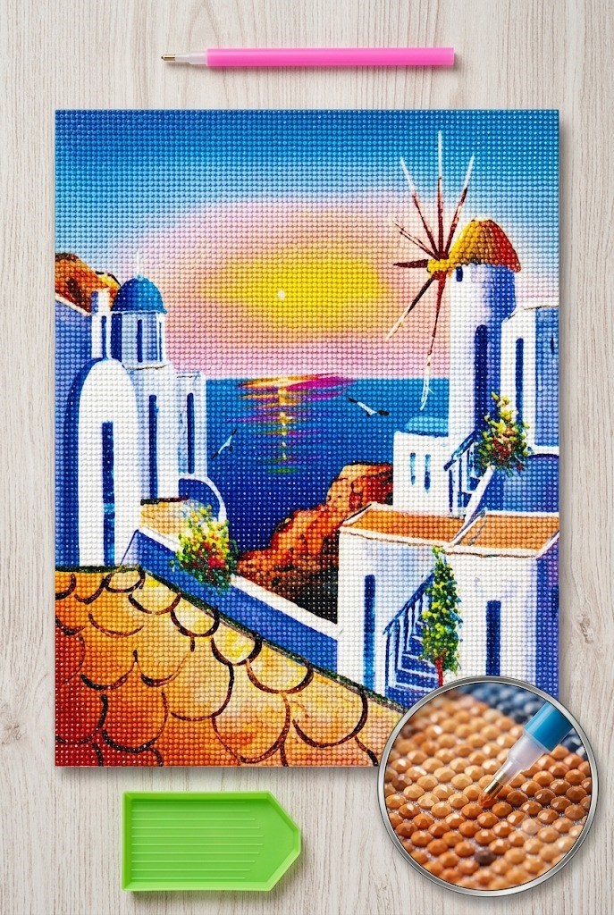 Elmas Mozaik Tablo, 30x30cm Sahil Manzarası Boncuk Yapıştırma Kiti  