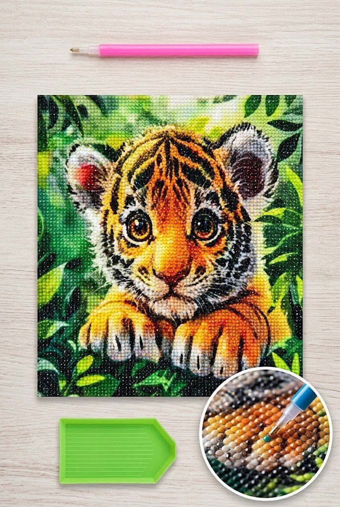 Elmas Mozaik Tablo, 30x30cm Yavru Kaplan Boncuk Yapıştırma Kiti  