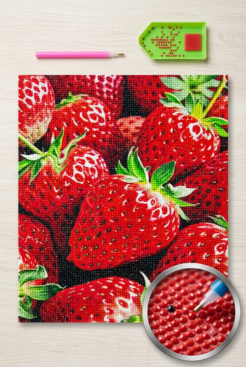 Elmas Mozaik Tablo 50x40cm Çilekler Boncuk Yapıştırma Kiti 