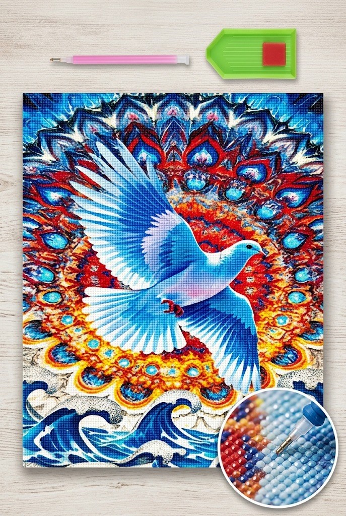Elmas Mozaik Tablo, 50x40cm Mavi Güvercin Boncuk Yapıştırma Kiti 