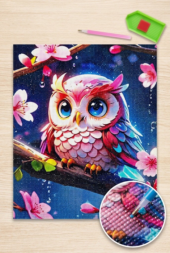 Elmas Mozaik Tablo, 50x40cm Pembe Baykuş Boncuk Yapıştırma Kiti 