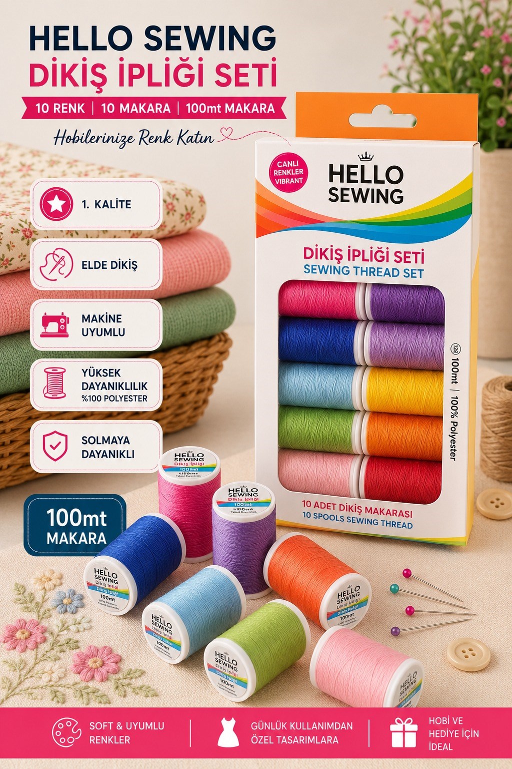 Hello Dikiş İpliği Seti - Birinci kalite Canlı Renkler 10'lu İplik Seti