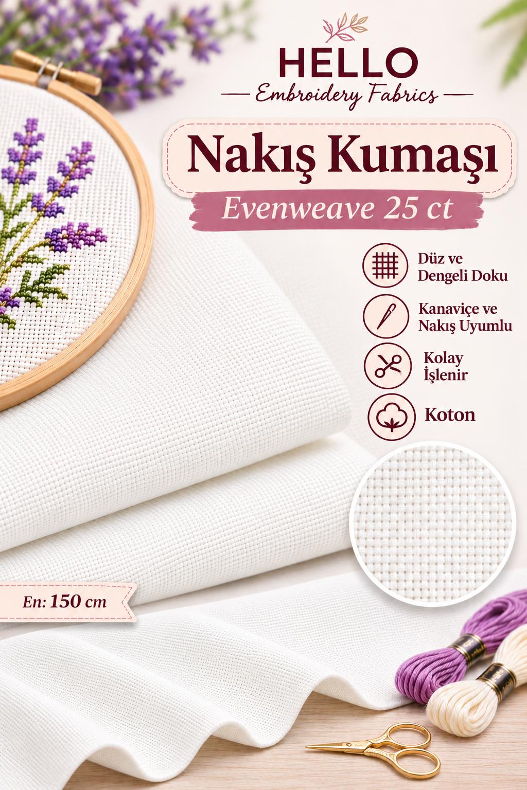 HELLO Evenweave 25 CT Nakış ve Kanaviçe Kumaşı - Kırık Beyaz