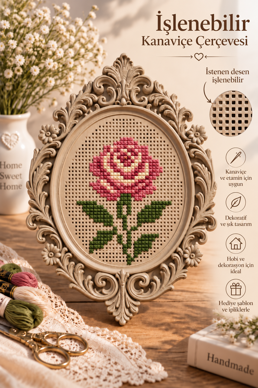 İşlenebilir Kanaviçe Çerçevesi Doğal Ahşap Görünüm, Dekoratif Nakış Kasnağı 12x8cm, Hediye Şablon ve İpliklerle
