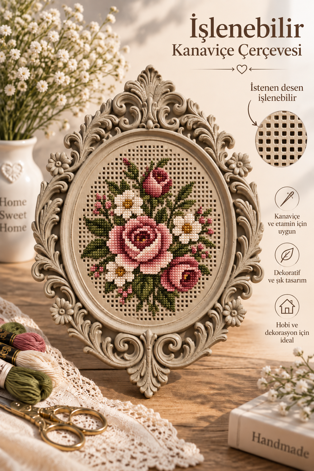 İşlenebilir Kanaviçe Çerçevesi Doğal Ahşap Görünüm, Dekoratif Nakış Kasnağı 12x8cm
