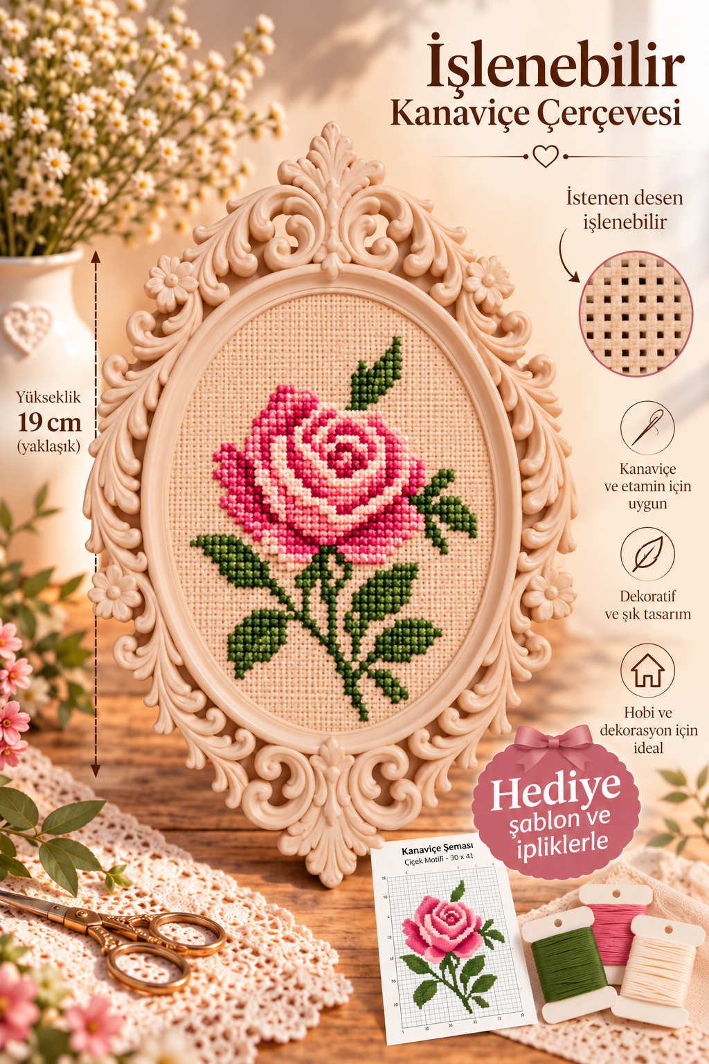 İşlenebilir Kanaviçe Çerçevesi Somon Rengi, Dekoratif Nakış Kasnağı 12x8cm