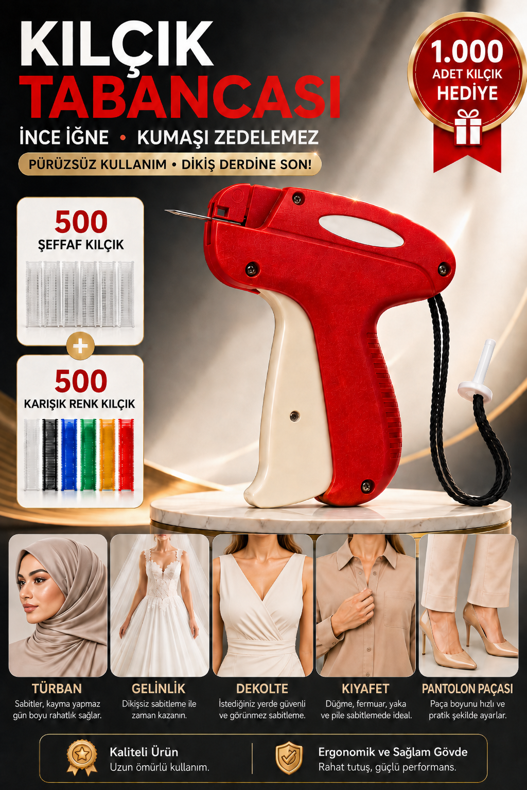 Kılçık Tabancası, 1. Kalite 5mm İnce İğne, 1.000 ad. Kılçık Hediyeli Dikişsiz Sabitleme Tabancası