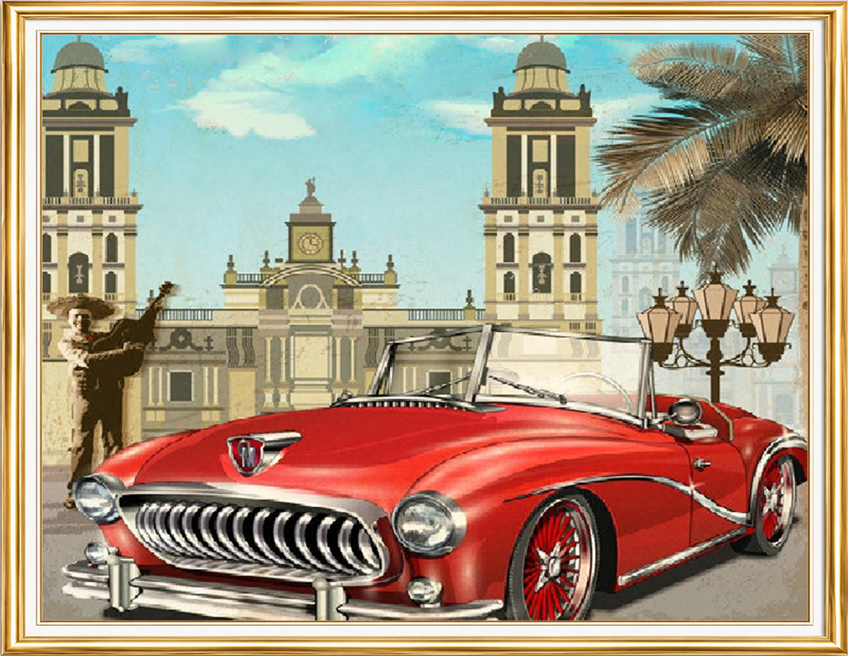Klasik Kırmızı Üstü Açık Araba Elmas Mozaik Puzzle Kit 40x50 cm