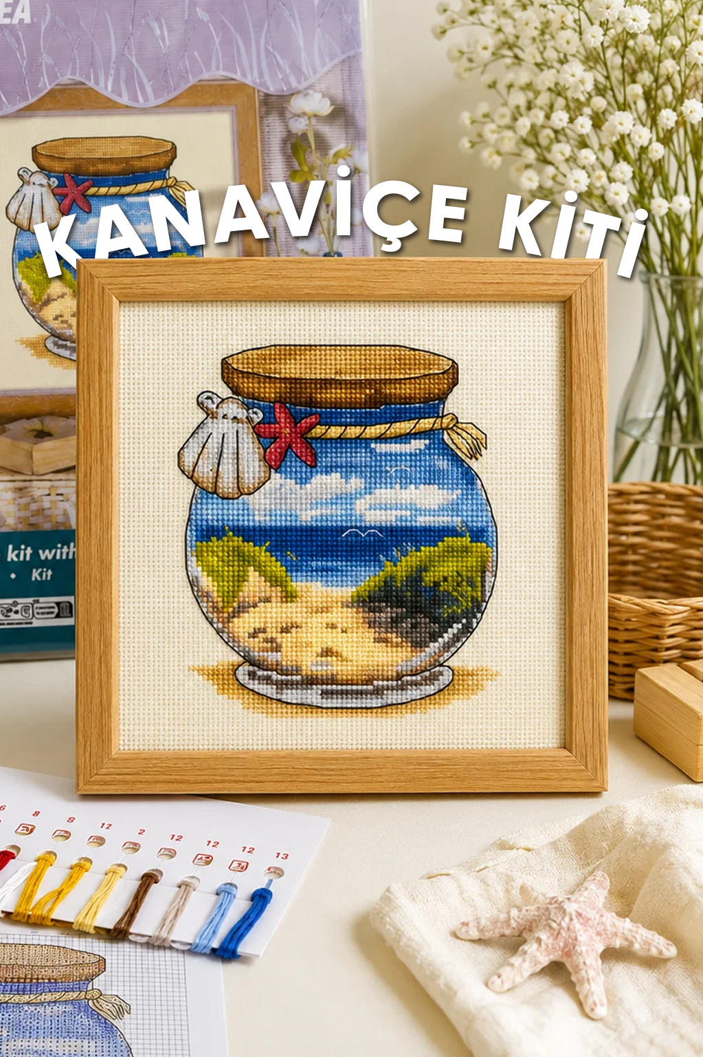 Orchidea Deniz Manzaralı Kavanoz Kanaviçe Kiti - Başlangıç Seviyesi Etamin Kumaş, İplik ve İğne Dahil
