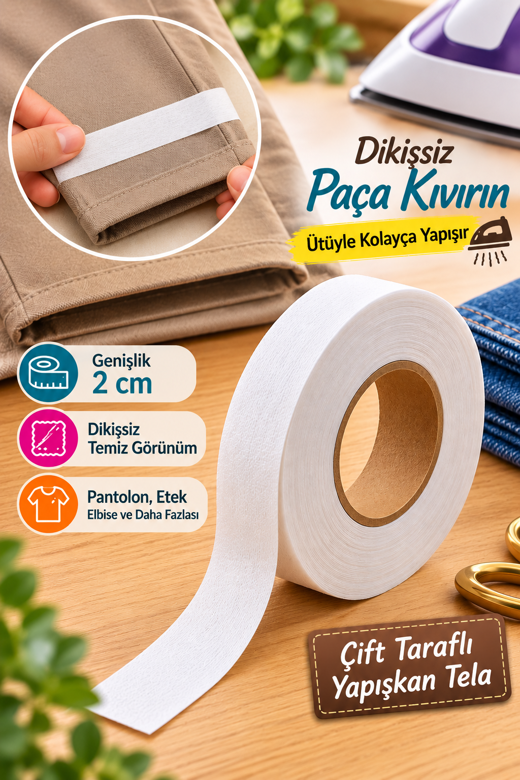 Paça Telası 2cm, Çift Taraflı Yapışkan Şerit Tela 100m Top