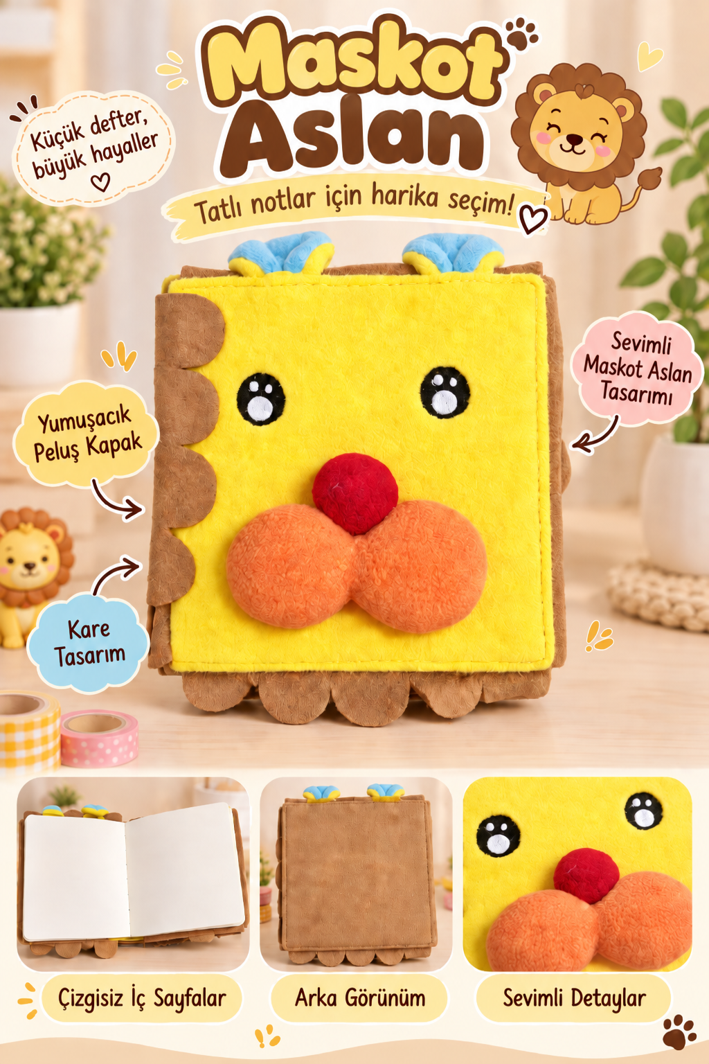 Peluş Defter Çizgisiz, Maskot Aslancık, Kare defter