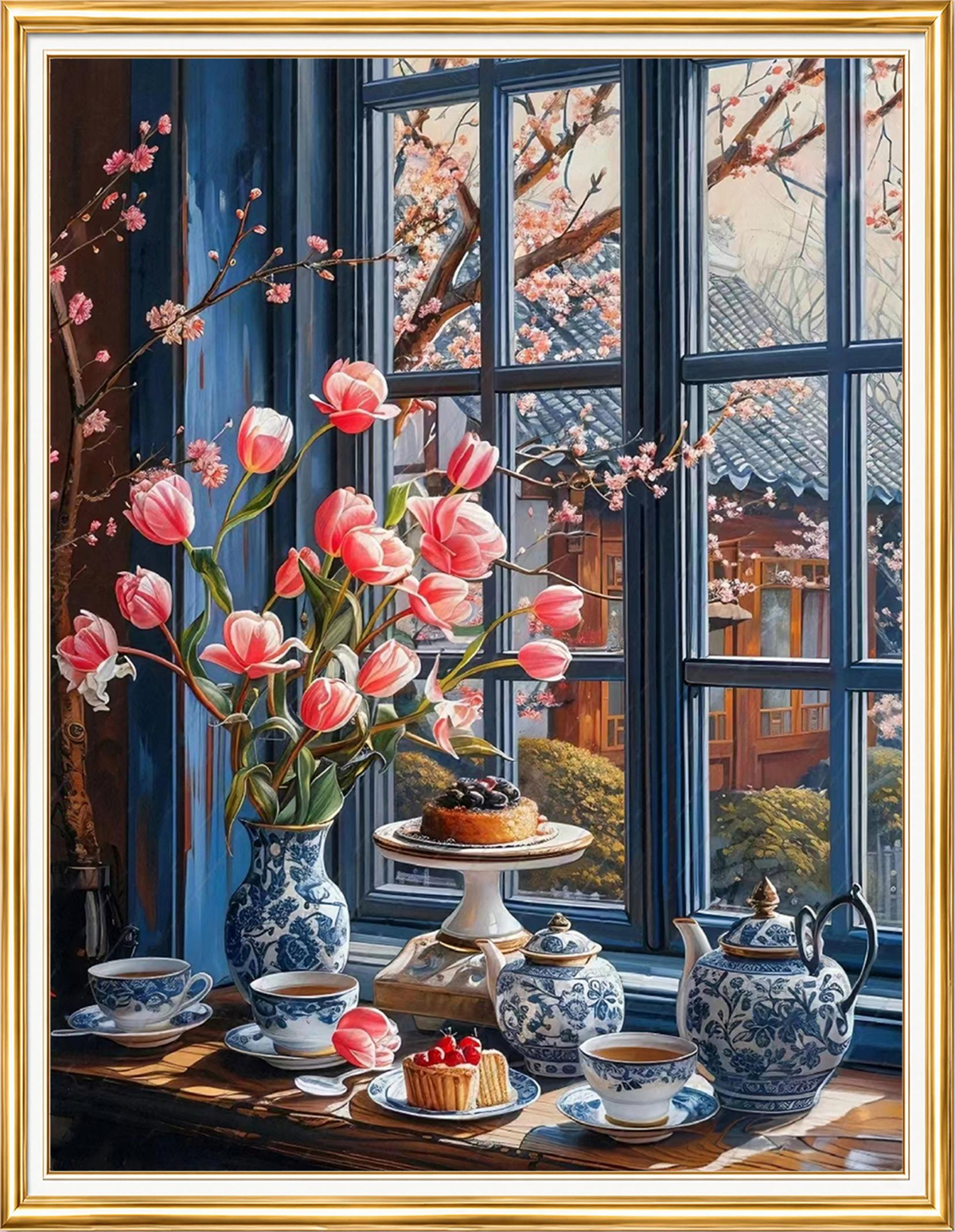 Pencere Önünde Laleler ve Çay Takımı Elmas Mozaik Puzzle Kit 40x50 cm