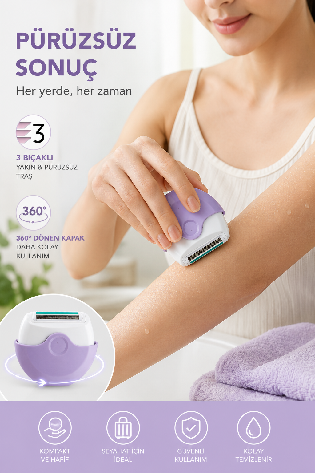 Portatif Kapaklı Kadın Tıraş Bıçağı, 3 Bıçaklı, Seyahatler ve Çantanız İçin