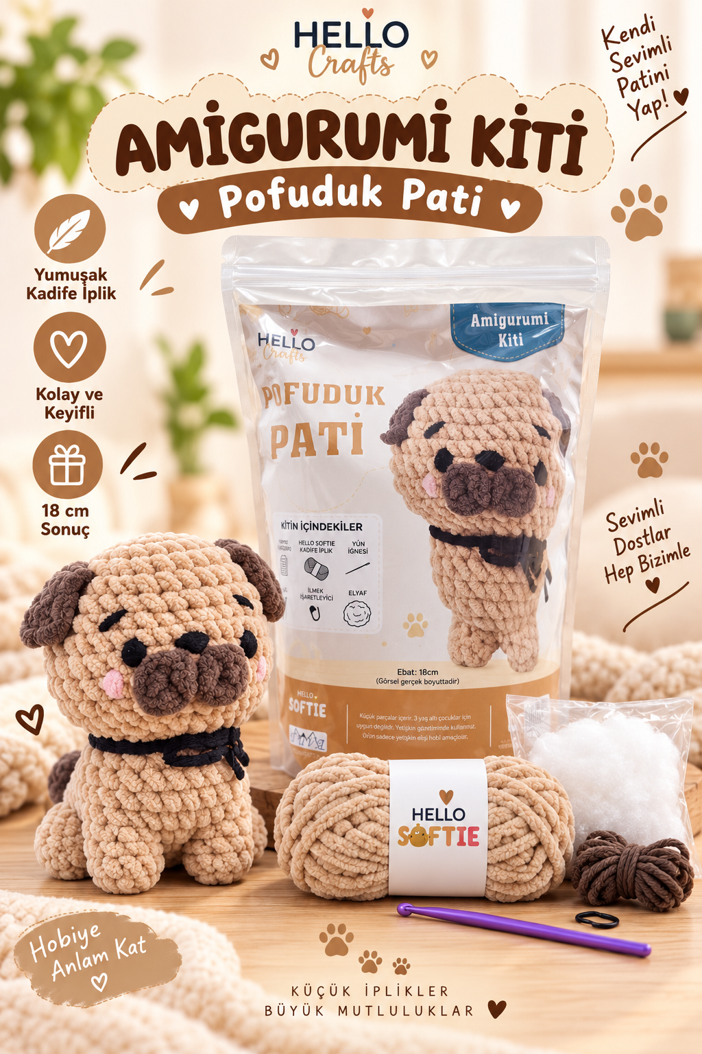 Softie Amigurumi Kiti, Pofuduk Pati, 18 cm