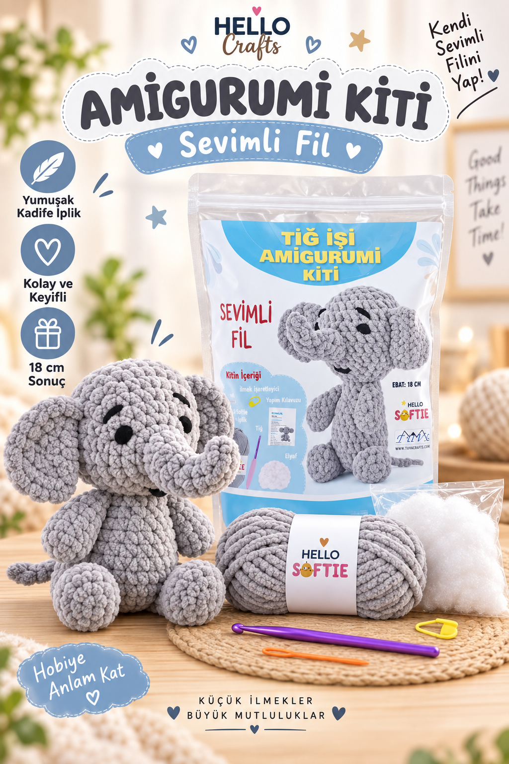 Softie Amigurumi Kiti, Sevimli Fil, 18 cm