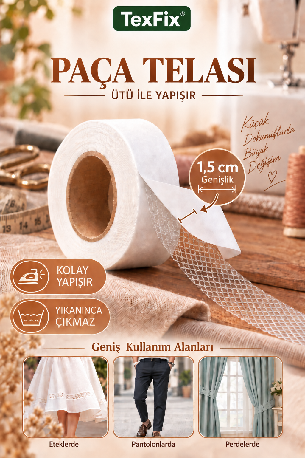 TexFix Paça Telası 1,5cm Eninde 10m, Petek Dokulu Çift Taraflı Yapışkan Şerit Tela