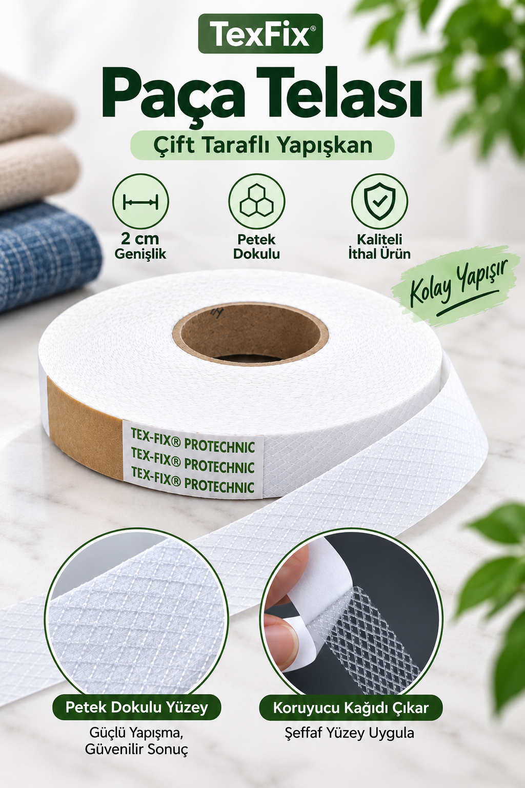 TexFix Paça Telası 2cm Eninde 100m Top, Petek Dokulu Çift Taraflı Yapışkan Şerit Tela