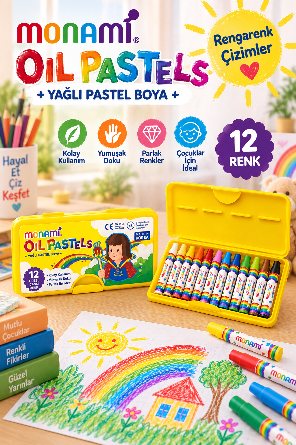 Yağlı Pastel Boya Seti – 12 Renk Kutulu Çocuk Resim Boyama Seti