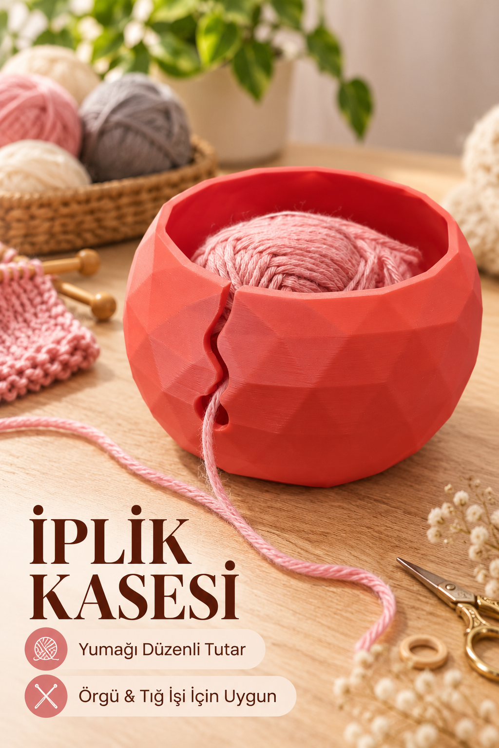 Yün Tutucu, Yarn Bowl Yumak Kasesi, İp Kılavuzlu Örgü Yumaklık, Kırmızı
