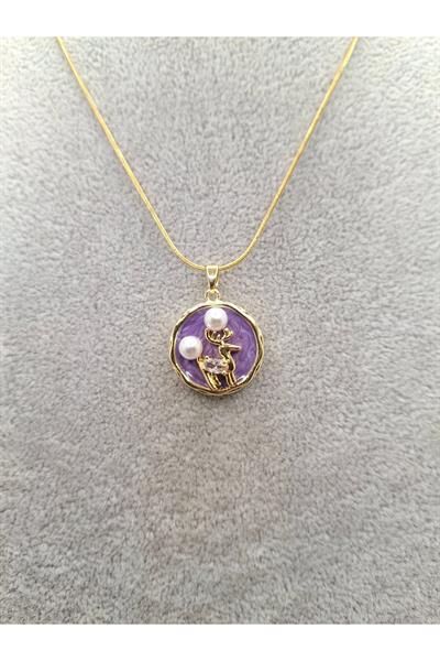 Altın Renk Özel Kabartmalı Mineli Geyik Model Çelik Kolye