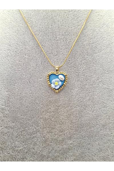 Altın Renk Özel Kabartmalı Mineli Mavi Kalp Model Çelik Kolye