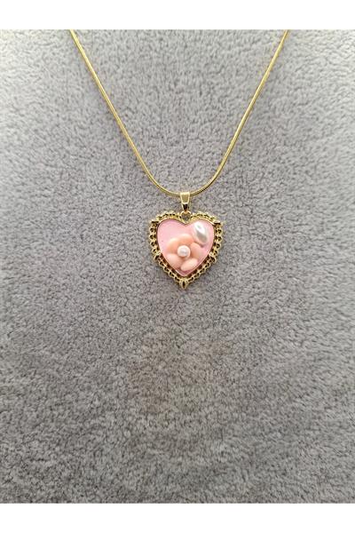 Altın Renk Özel Kabartmalı Mineli Pembe Kalp Model Çelik Kolye