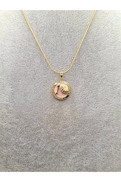 Altın Renk Özel Kabartmalı Mineli Pembe Deniz Kabuğu Model Çelik Kolye
