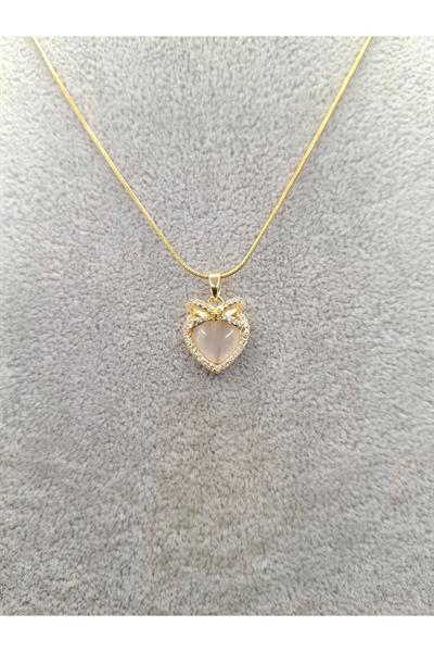 Altın Renk Sedefli Taşlı Kalp Model Çelik Kolye