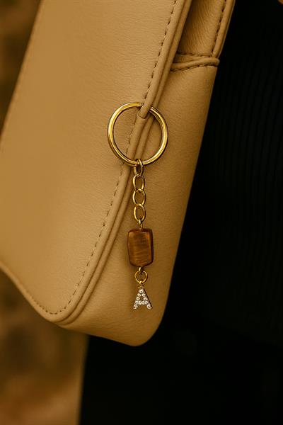 Altın Renk Taşlı A Harfli Kaplan Gözü Anahtarlık Charm