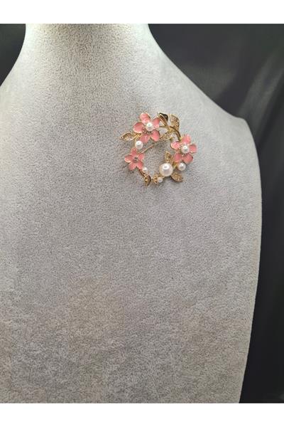 Altın Renk Taşlı Çiçek Çelenk Model Broş