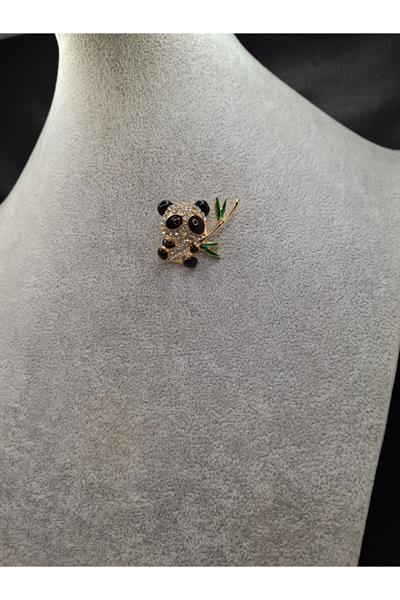 Altın Renk Taşlı Panda Model Broş
