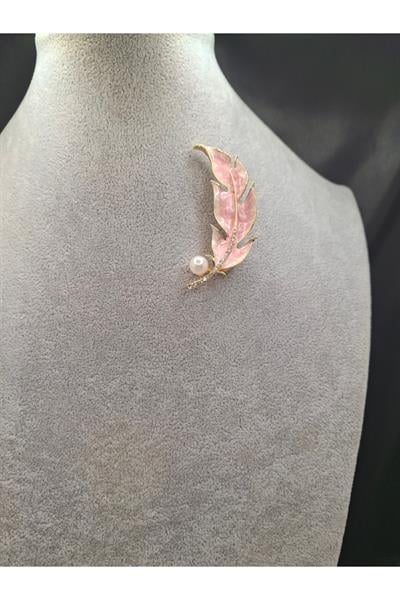 Altın Renk Taşlı Pembe Yaprak Model Broş