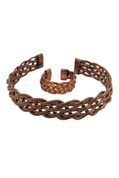 Hasır Örme Model Telkari Saf Bakır Bileklik Yüzük Set