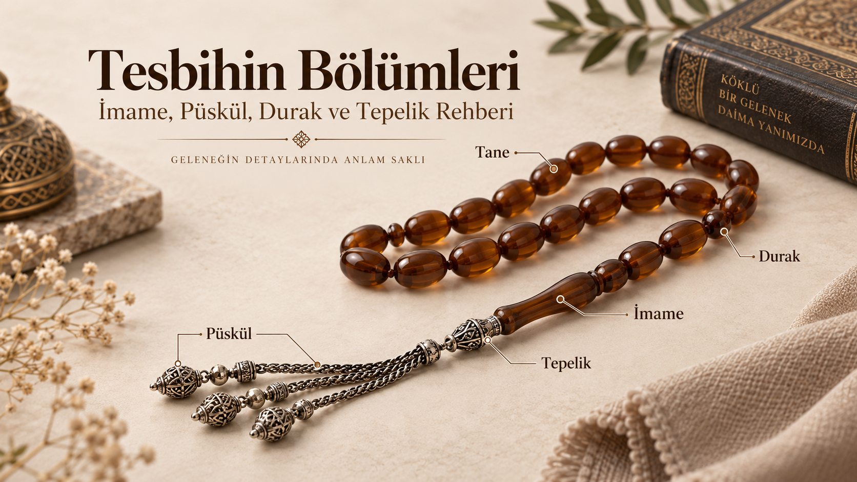 Tesbihin bölümleri: tane,imame,durak,tepelik ve püskül rehber görseli,Tesbihin Bölümleri: İmame,Püskül,Durak ve Tepelik