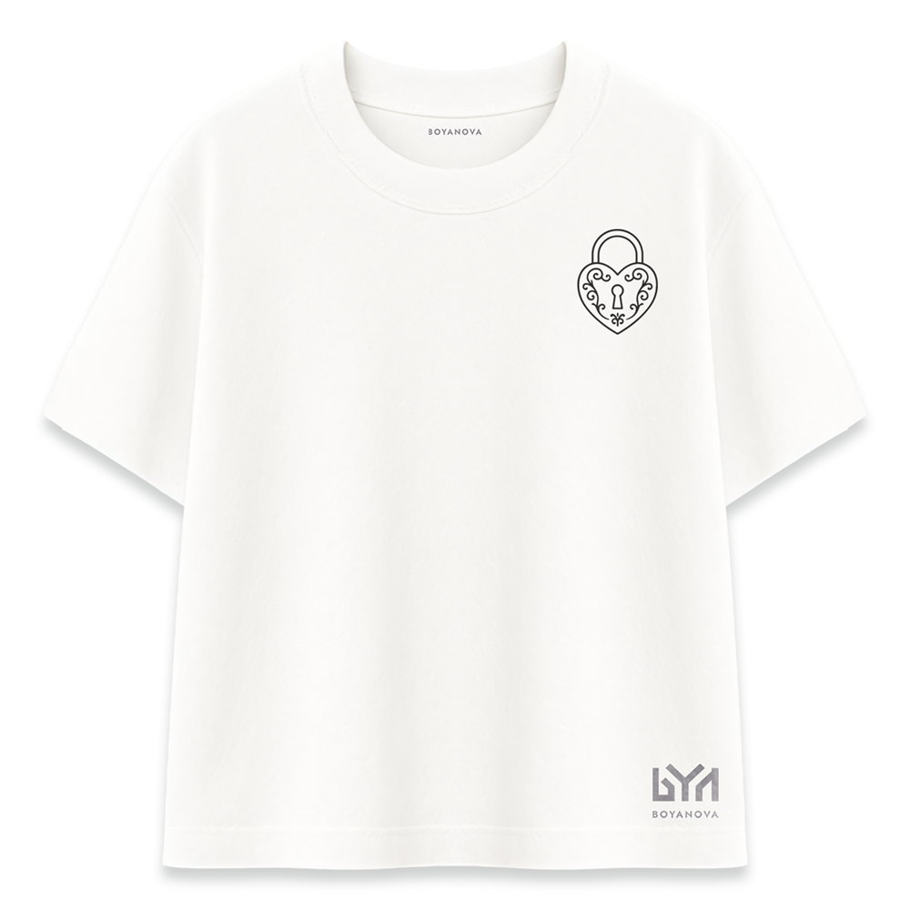 Kilitli Kalp Minimal Baskılı Beyaz Oversize Tişört