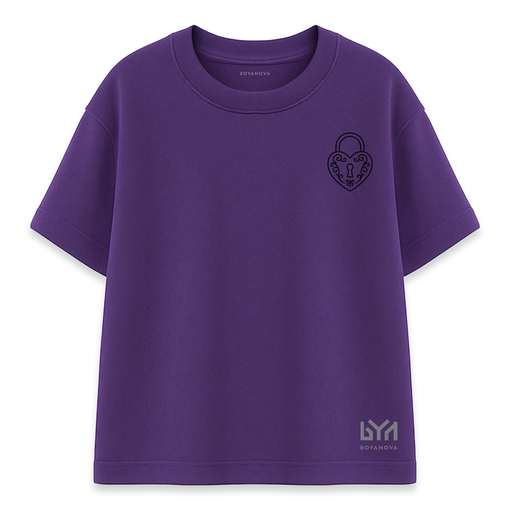 Kilitli Kalp Minimal Baskılı Mor Oversize Tişört