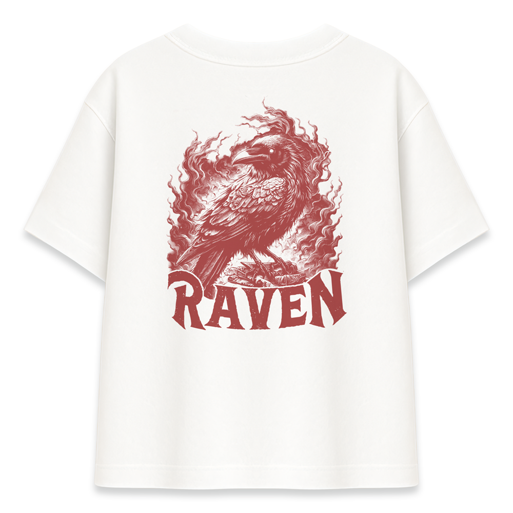 Kırmızı Kuzgun RAVEN Baskılı Beyaz Oversize Tişört