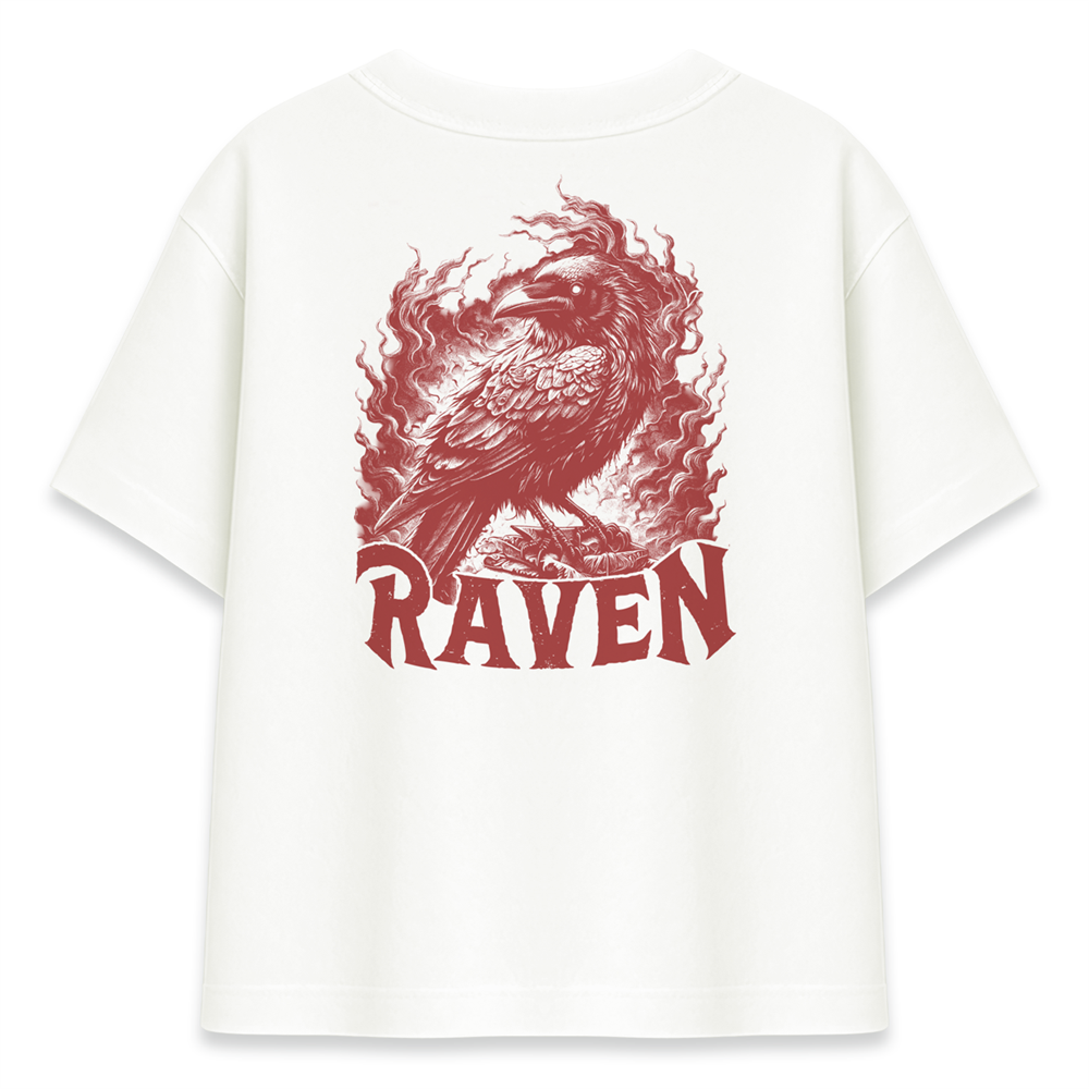 Kırmızı Kuzgun RAVEN Baskılı Ekru Oversize Tişört